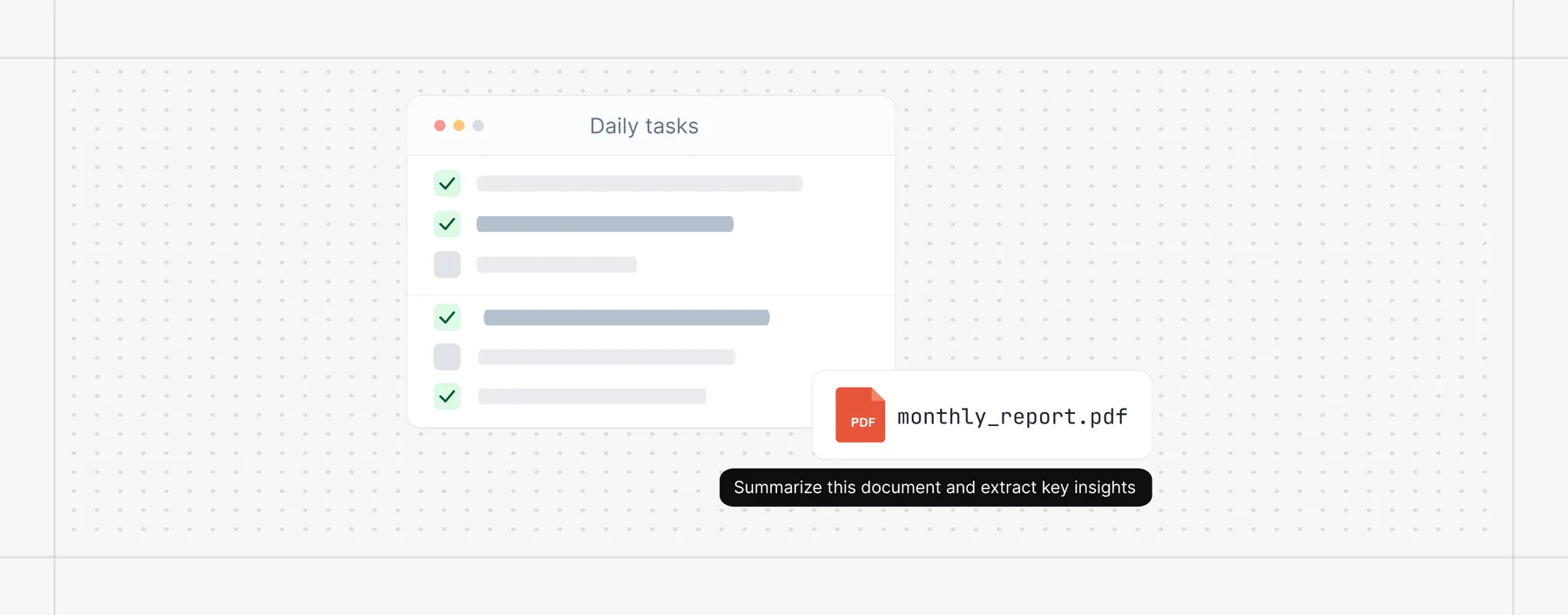 Daily tasks list alongside a request to summarize a monthly report PDF