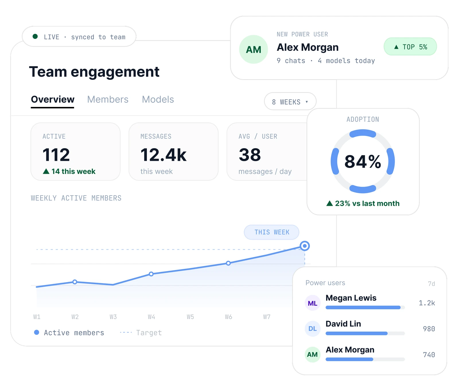 Team engagement dashboard: 84% adoption, weekly active members and top power users